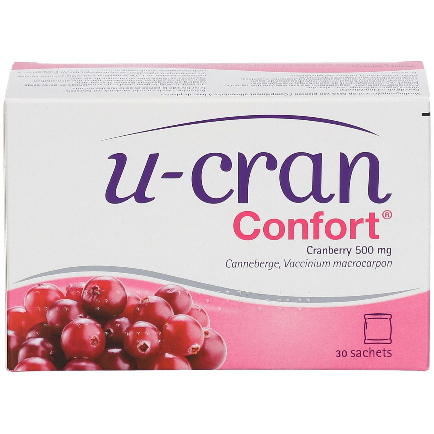 U-Cran Comfort®-verpakking. Opschrift: Cranberry 500 mg, 30 sachets. Afbeelding van veenbessen.