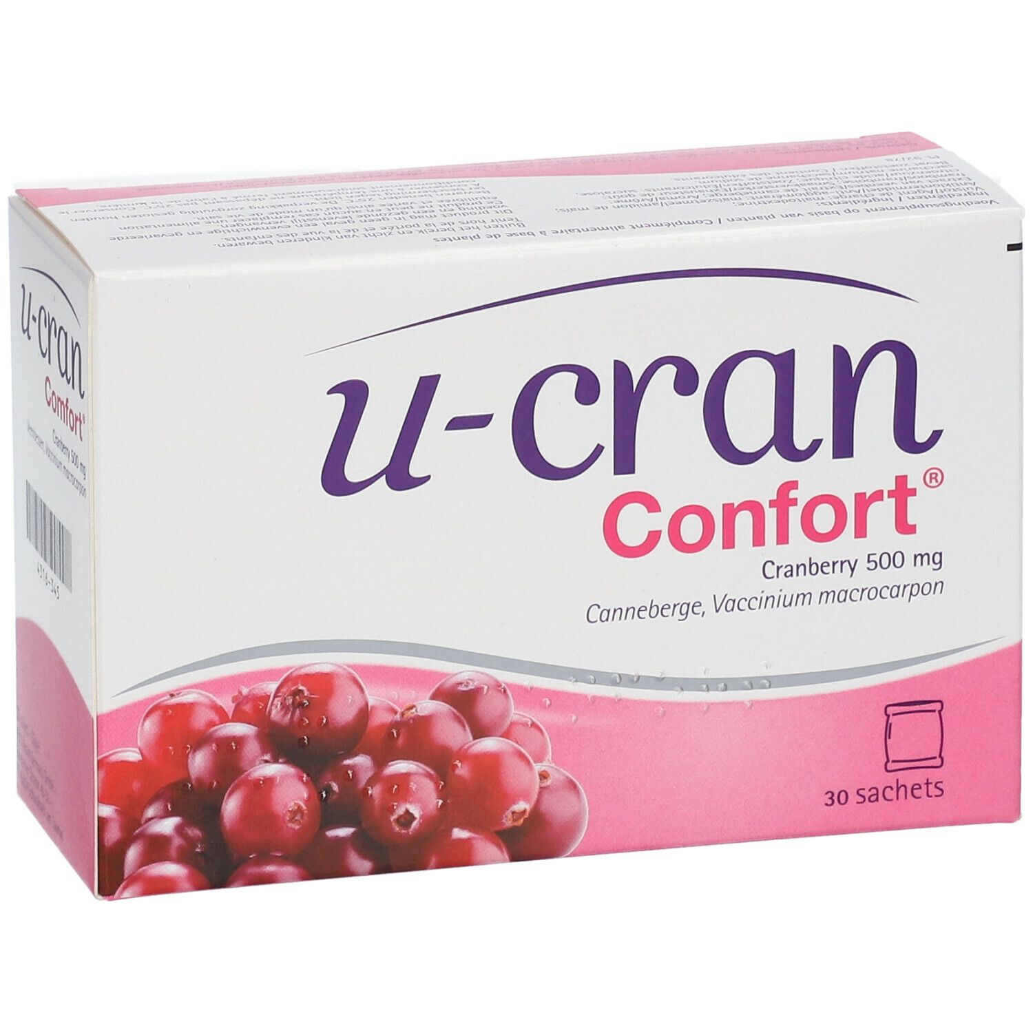 U-Cran Comfort®-verpakking. Opschrift: Cranberry 500 mg, 30 sachets. Afbeelding van veenbessen.