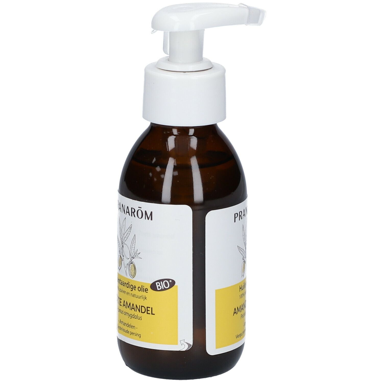 Bruine fles met witte pomp. Etiket met tekst en logo: PRANAROM, Huile végétale, Amande Douce, BIO-label.