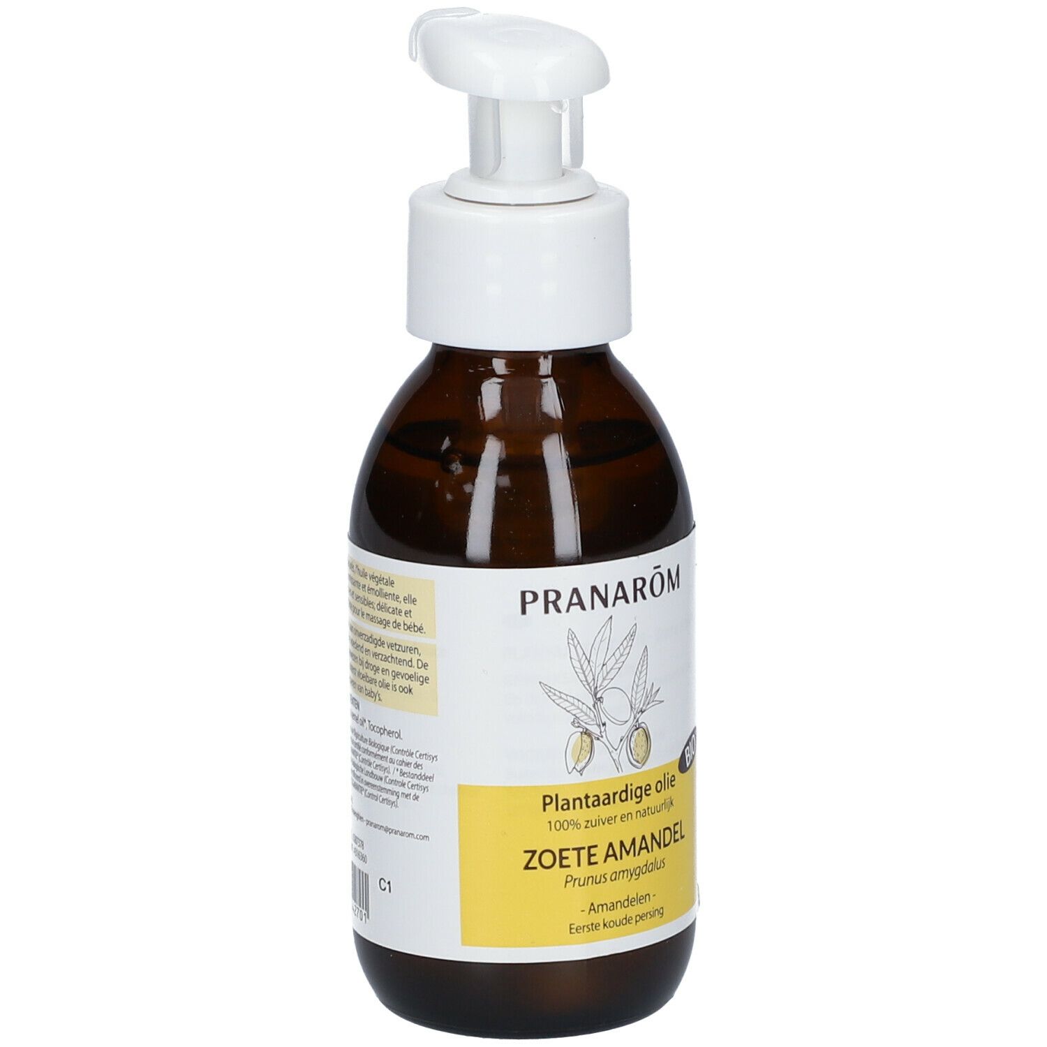 Bruine fles met witte pomp. Etiket met tekst en logo: PRANAROM, Plantaardige olie, Zoete Amandel, BIO-label.