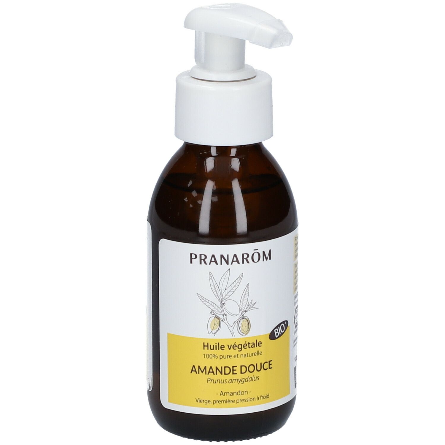 Bruine fles met witte pomp. Etiket met tekst en logo: PRANAROM, Huile végétale, Amande Douce, BIO-label.