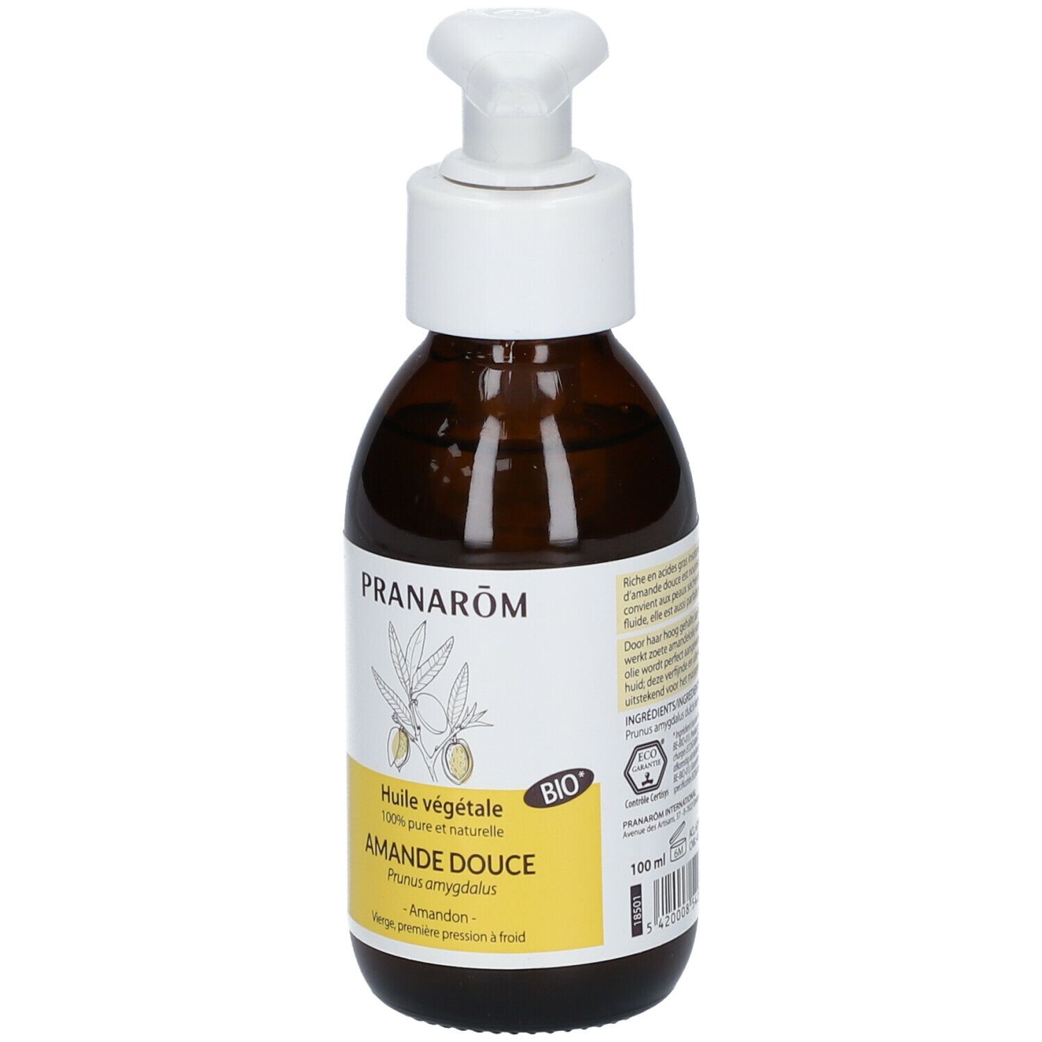 Bruine fles met witte pomp. Etiket met tekst en logo: PRANAROM, Huile végétale, Amande Douce, BIO-label, 100 ml.