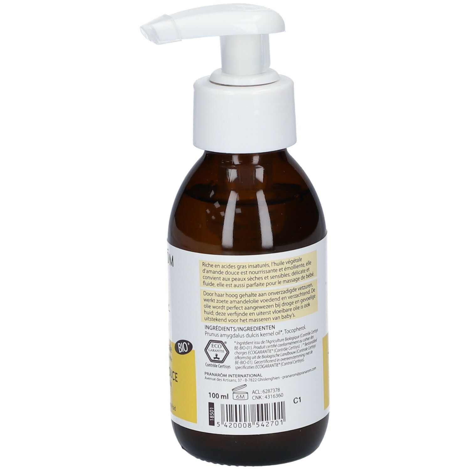 Bruine fles met witte pomp. Etiket met tekst en logo: PRANAROM, Huile végétale, Amande Douce, BIO-label, 100 ml. Tekst op achterkant.