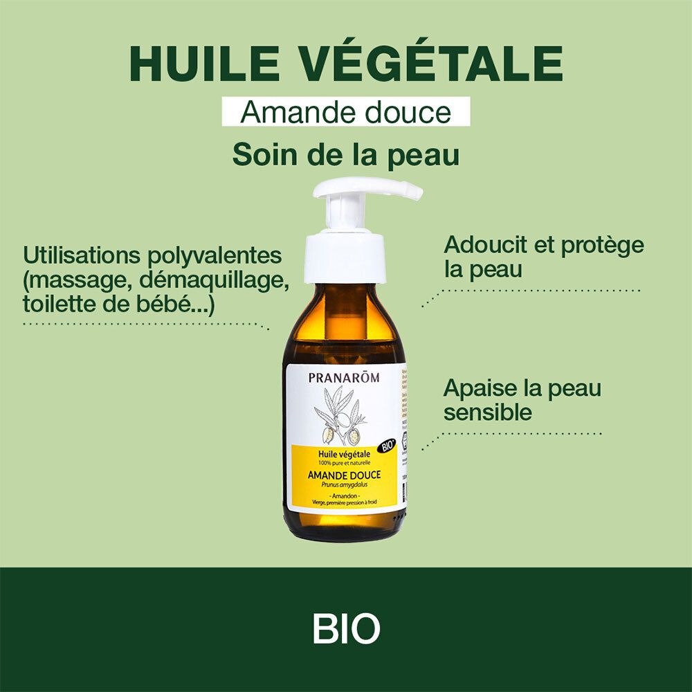 Produktflasche vor grünem Hintergrund. Text: Huile Végétale, Amande Douce, Soin de la peau. BIO-Zertifizierung.