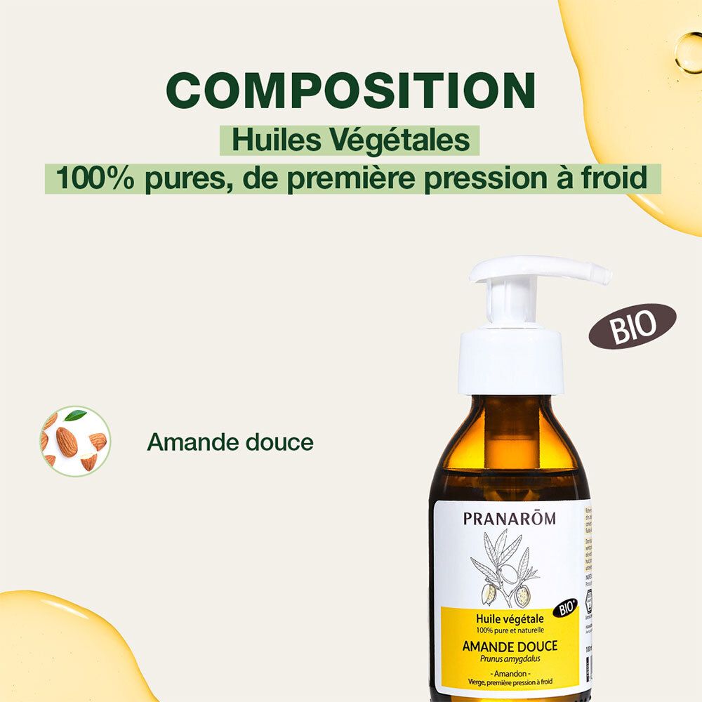 Produktflasche vor grünem Hintergrund. Text: Composition, Huiles Végétales, Amande Douce. BIO-Zertifizierung.