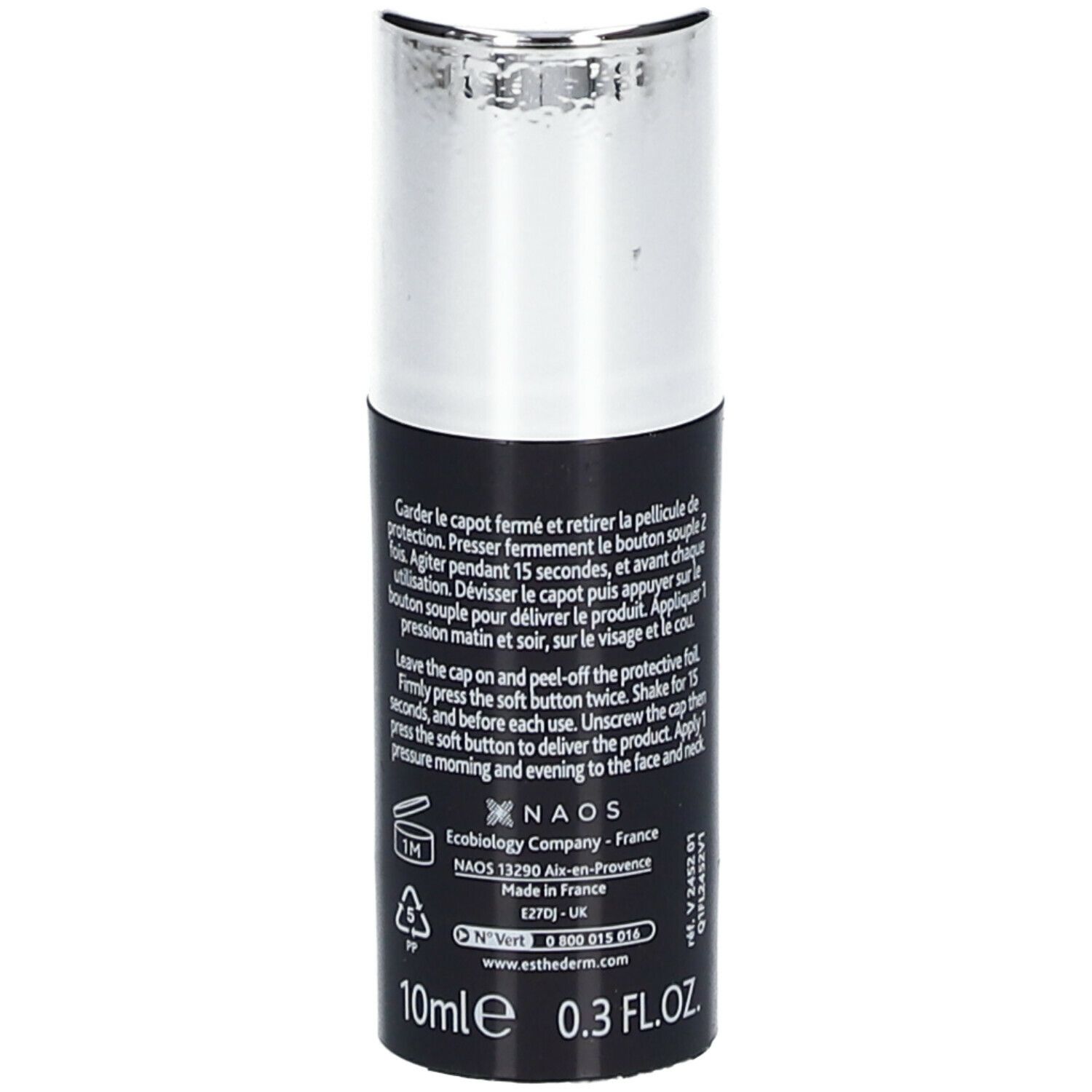 Flacon noir à bouchon argenté. Texte: 10ml 0.3 FL.OZ. Texte en français. Logo NAOS et symboles de recyclage.