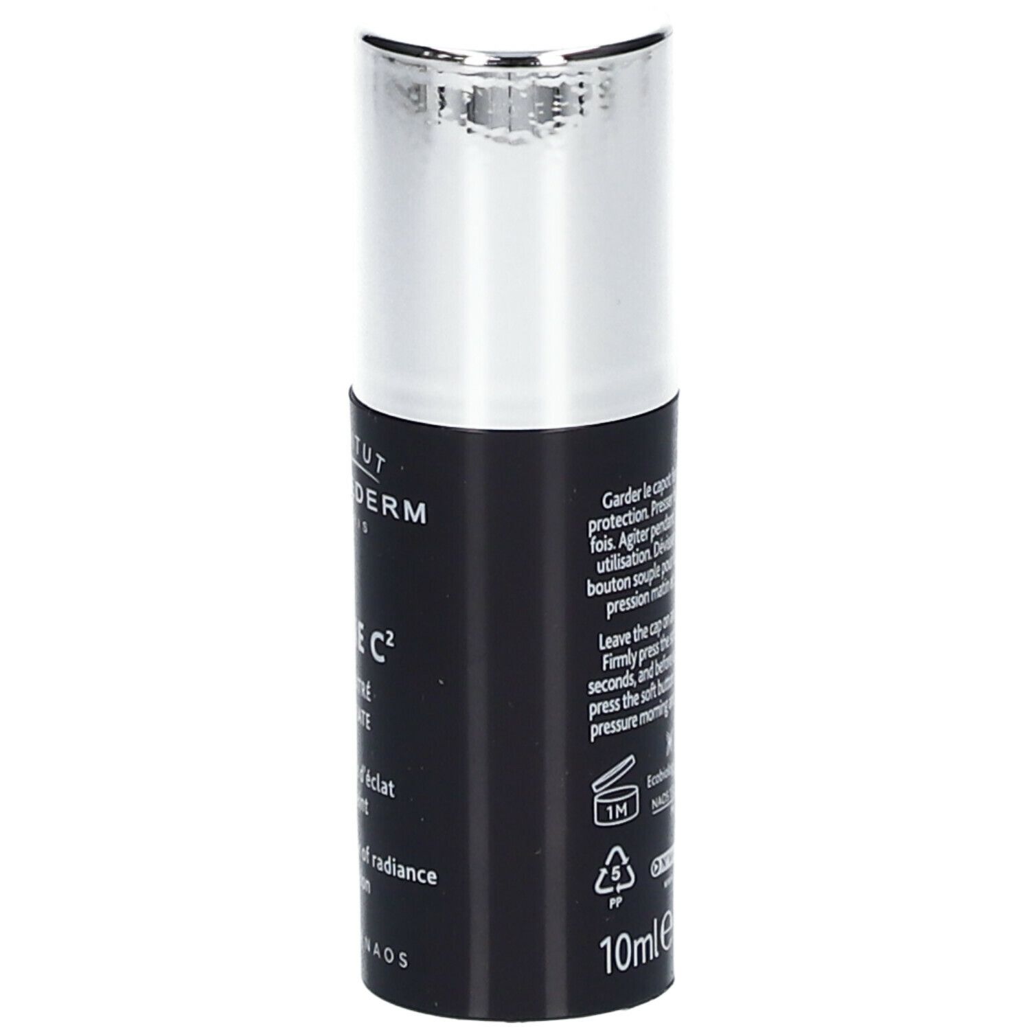 Flacon noir à bouchon argenté. Texte: INTENSIVE VITAMINE C², DOUBLE CONCENTRÉ. 10ml. Symbole de recyclage.
