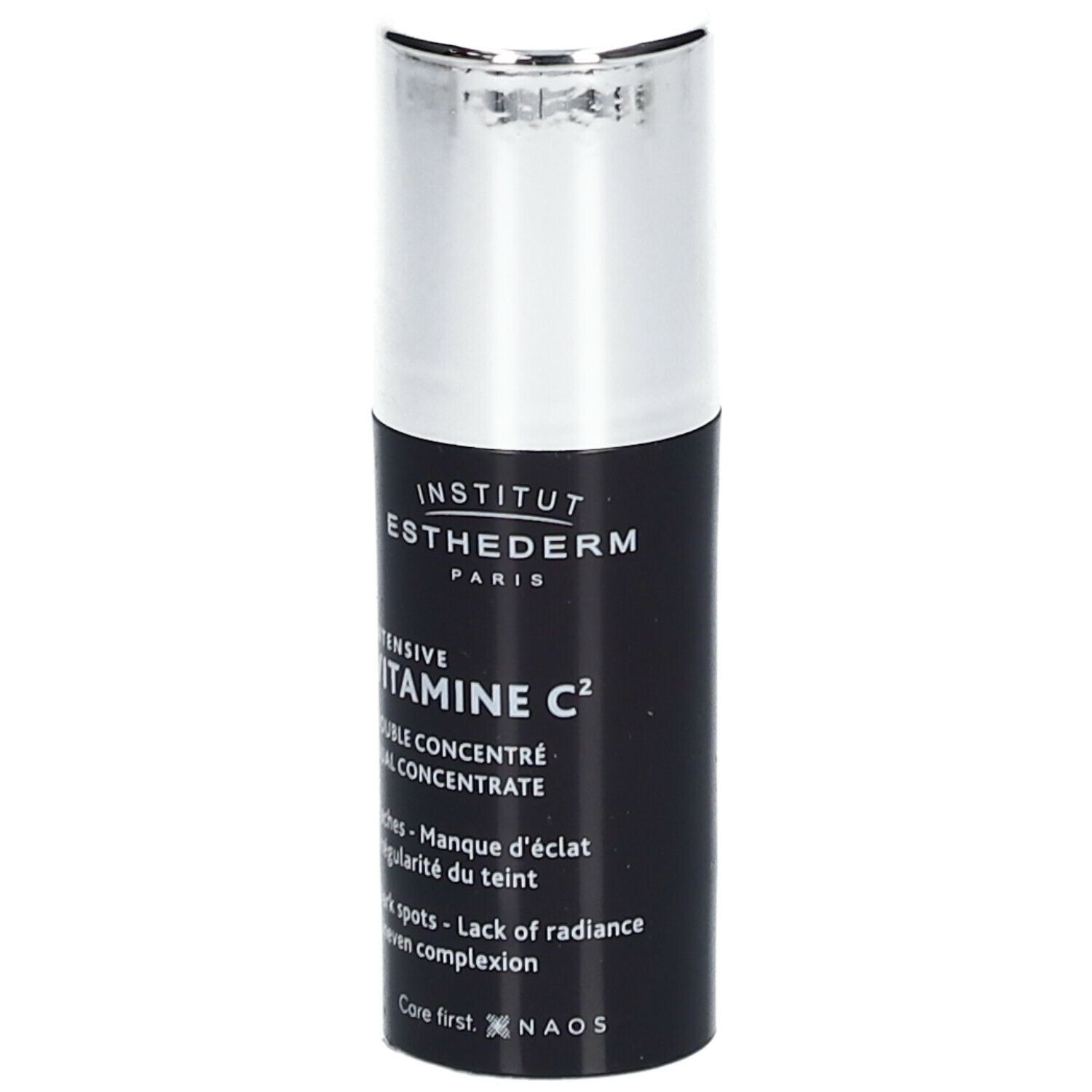 Flacon noir à bouchon argenté. Inscription: INSTITUT ESTHEDERM PARIS, INTENSIVE VITAMINE C², DOUBLE CONCENTRÉ.