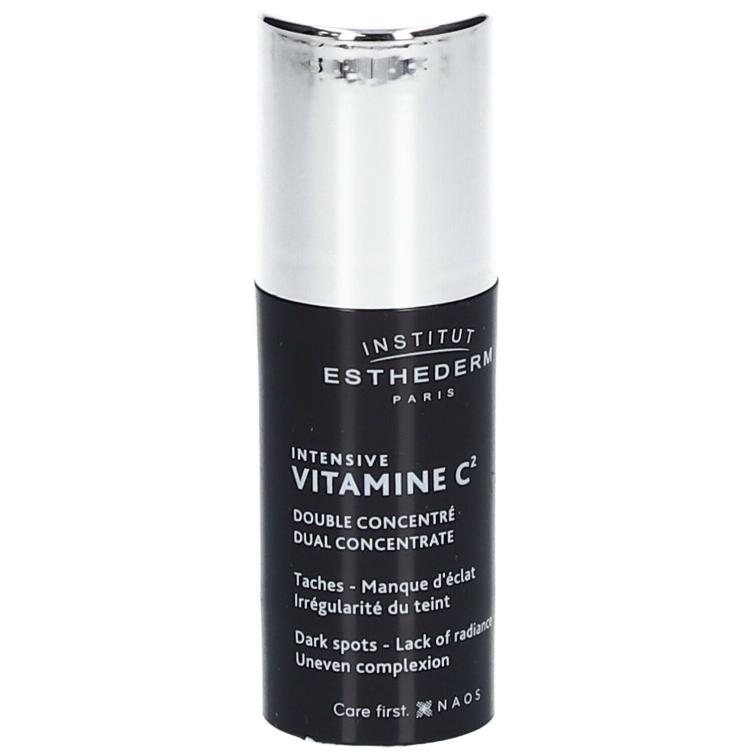 Flacon noir à bouchon argenté. Inscription: INSTITUT ESTHEDERM PARIS, INTENSIVE VITAMINE C², DOUBLE CONCENTRÉ.