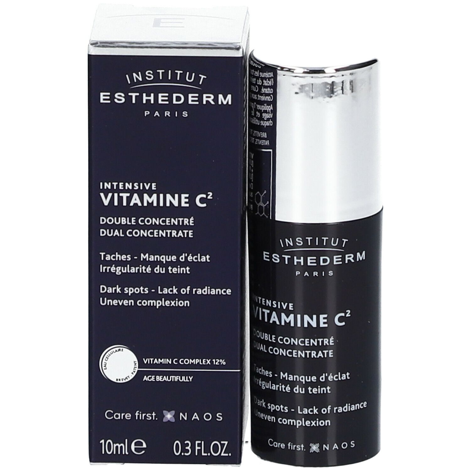 Emballage et flacon. Inscription: INSTITUT ESTHEDERM PARIS, INTENSIVE VITAMINE C², DOUBLE CONCENTRÉ. 10ml.