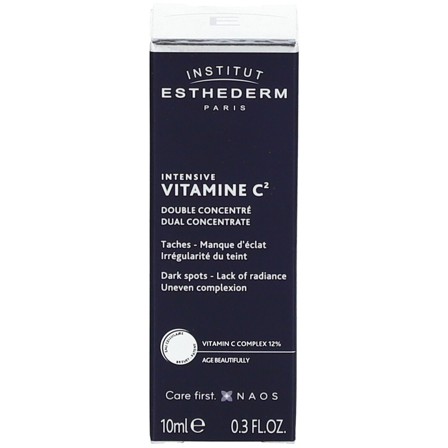 Emballage du produit. Inscription: INSTITUT ESTHEDERM PARIS, INTENSIVE VITAMINE C², DOUBLE CONCENTRÉ. 10ml.