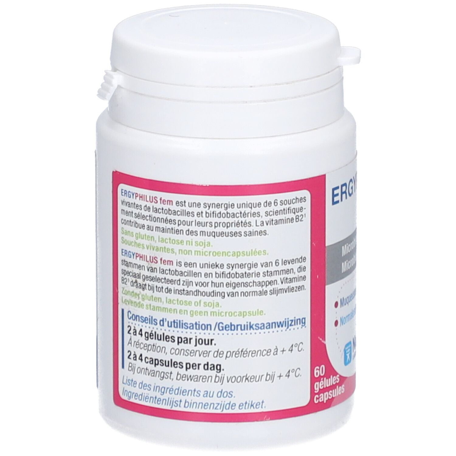 Dos du flacon ERGYPHILUS® fem. Ingrédients, conseils d'utilisation, 60 gélules. Informations.