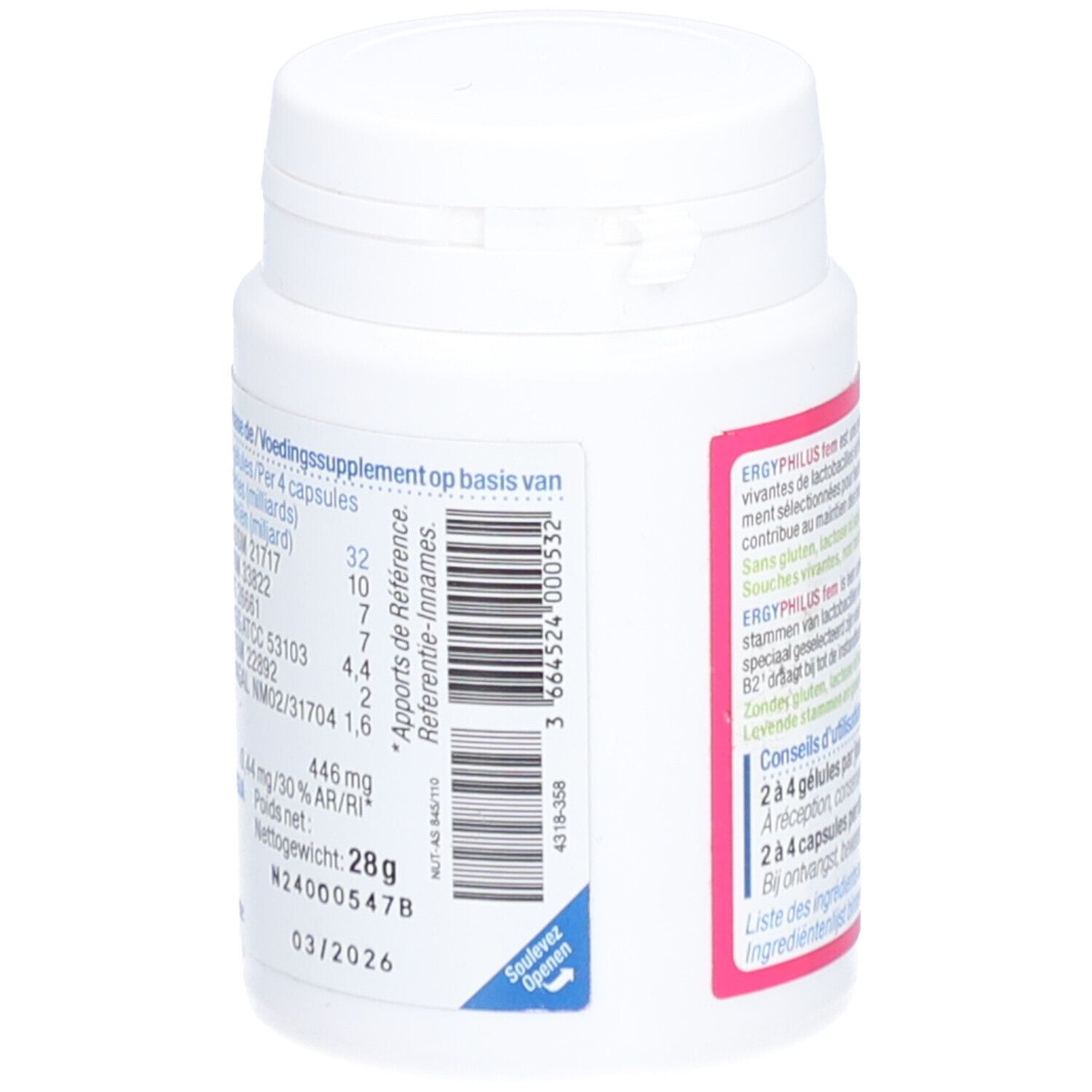 Dos du flacon ERGYPHILUS® fem. Informations nutritionnelles, poids 28g, date limite 03/2026.