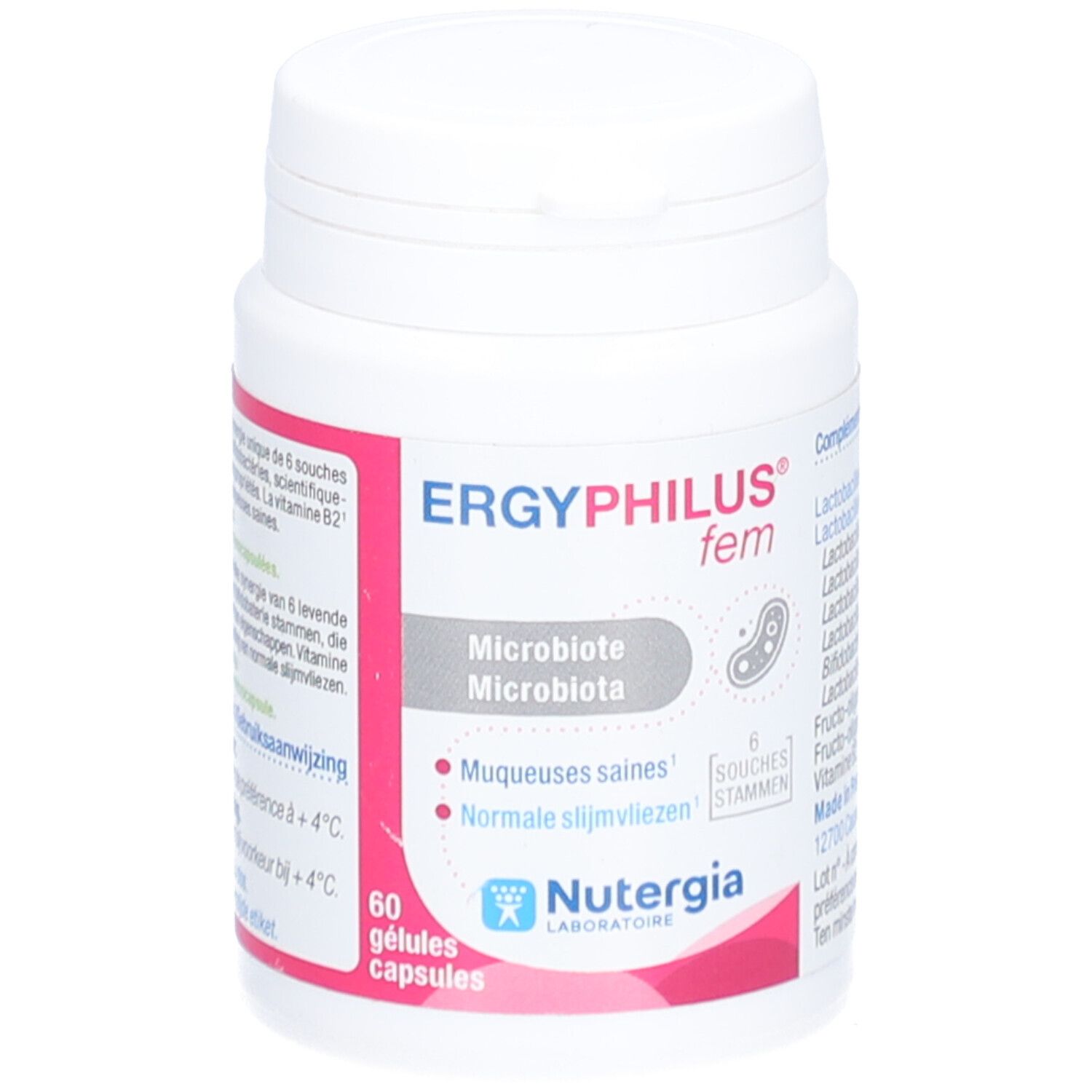 Flacon blanc ERGYPHILUS® fem, 60 gélules. Logo Microbiote, Nutergia. Informations produit.