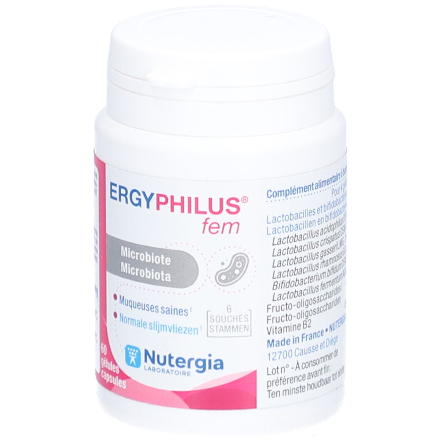 Flacon blanc ERGYPHILUS® fem, 60 gélules. Logo Microbiote, Nutergia. Informations produit.