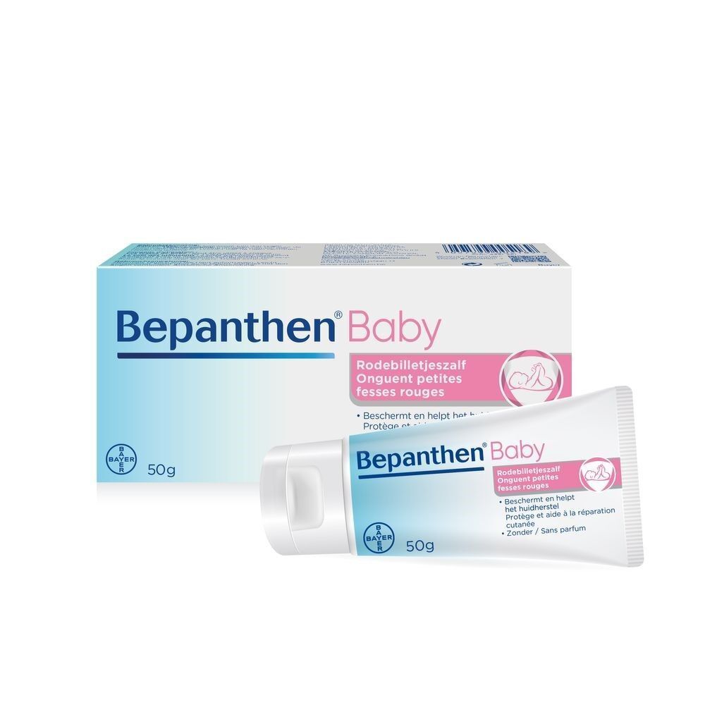 Emballage et tube Bepanthen Baby. Tube et boîte avec nom du produit et logo.