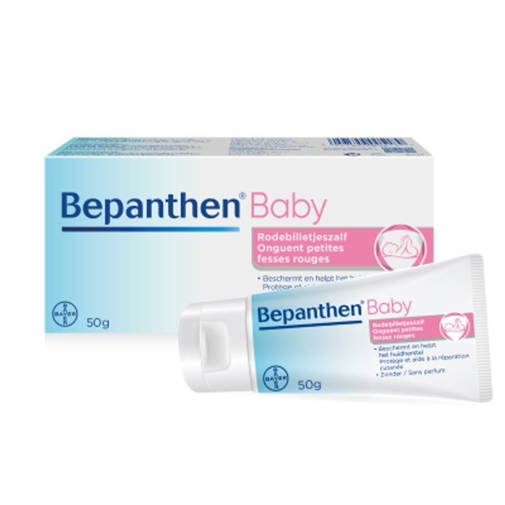 Productverpakking en tube Bepanthen Baby. Tube en doos met productnaam en logo.