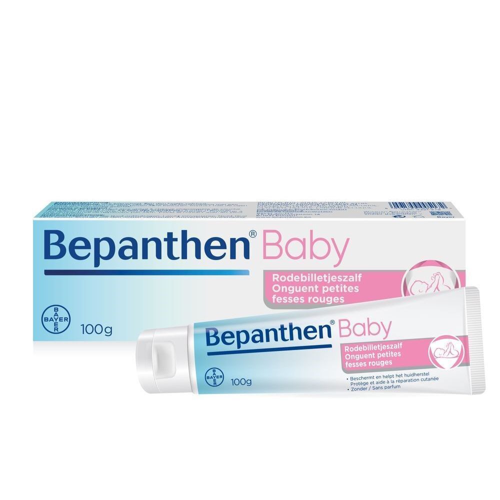 Tube et boîte de crème Bepanthen Baby. Blanc, bleu et rose. Texte : Baby, Onguent petites fesses rouges. 100g. Logo Bayer.