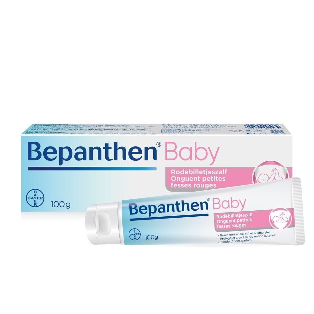 Tube en doos Bepanthen Baby zalf. Wit, blauw en roze. Tekst: Baby, Rode billetjes zalf. 100g. Bayer-logo.