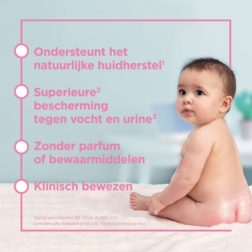 Baby zit. Tekst: Ondersteunt het natuurlijke huidherstel, Superieure bescherming, Zonder parfum of bewaarmiddelen, Klinisch bewezen.