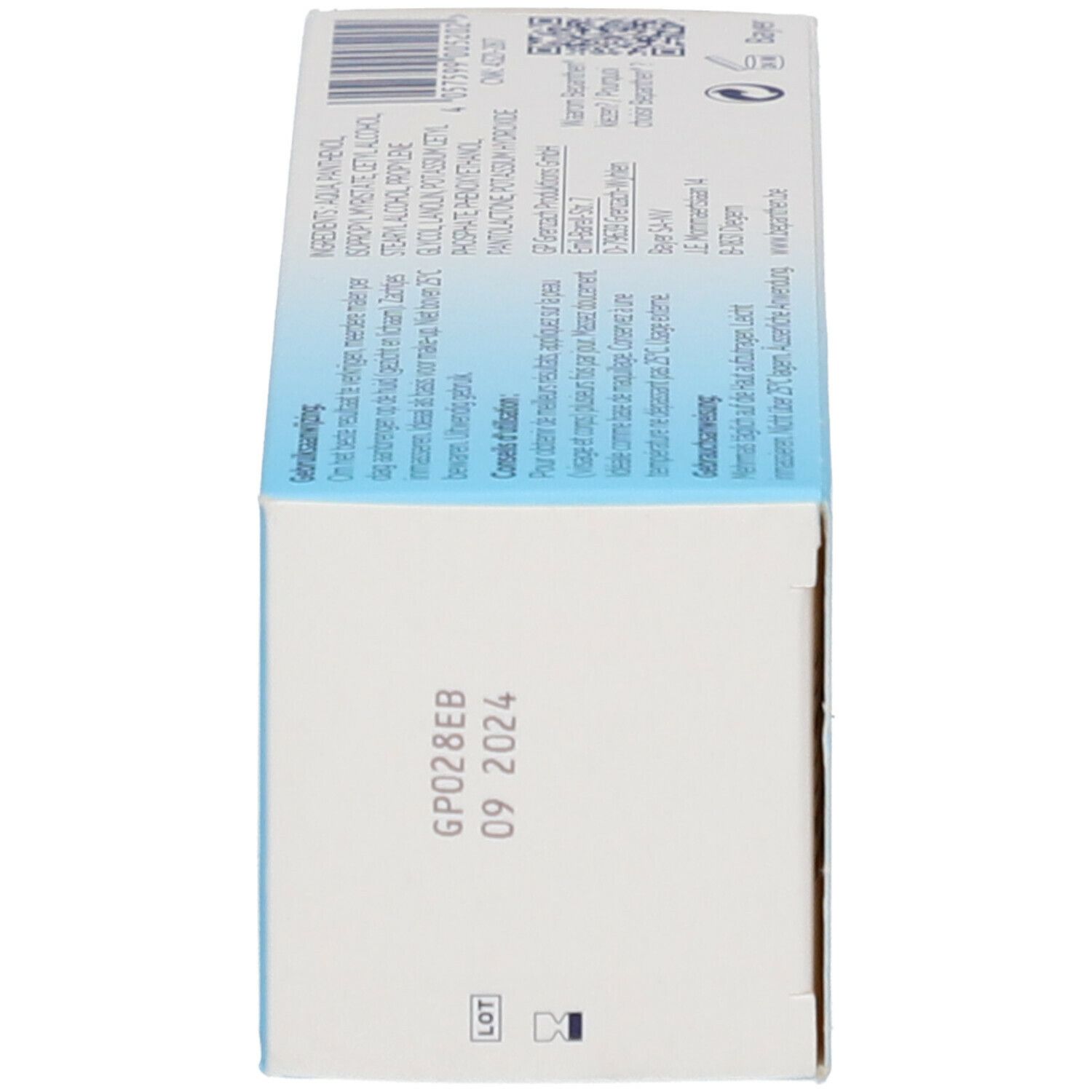 Produktverpackung, Seitenansicht. Aufschrift: Bepanthen Derma. Text und Codes. Ablaufdatum: 09 2024.