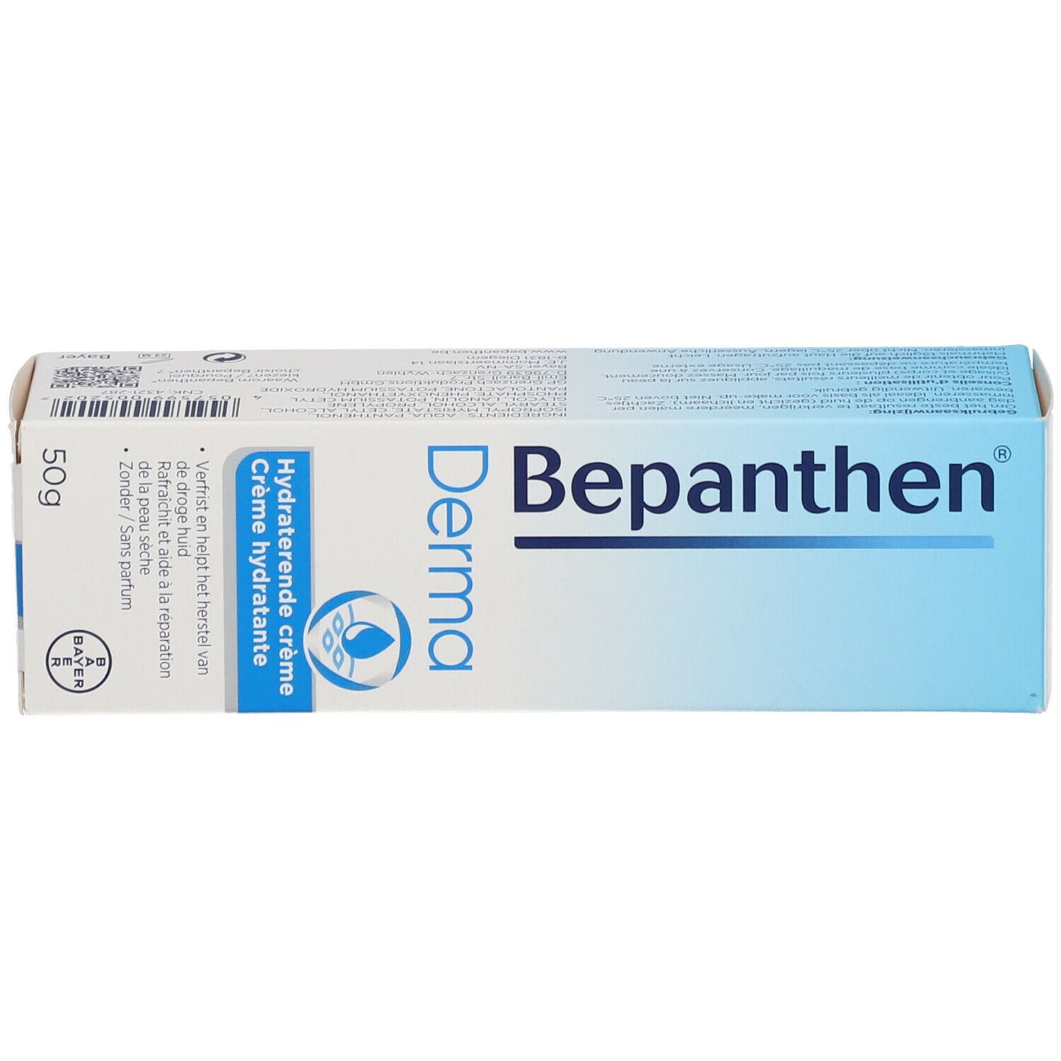 Produktverpackung. Aufschrift: Bepanthen Derma. Text: Hydratierende Creme. Bayer-Logo. 50g.