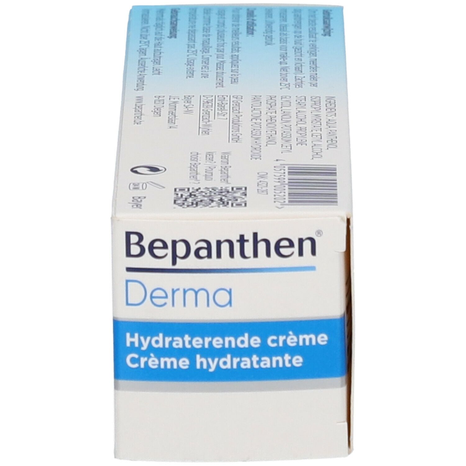 Produktverpackung, Seitenansicht. Aufschrift: Bepanthen Derma. Text: Hydratierende Creme. Codes.