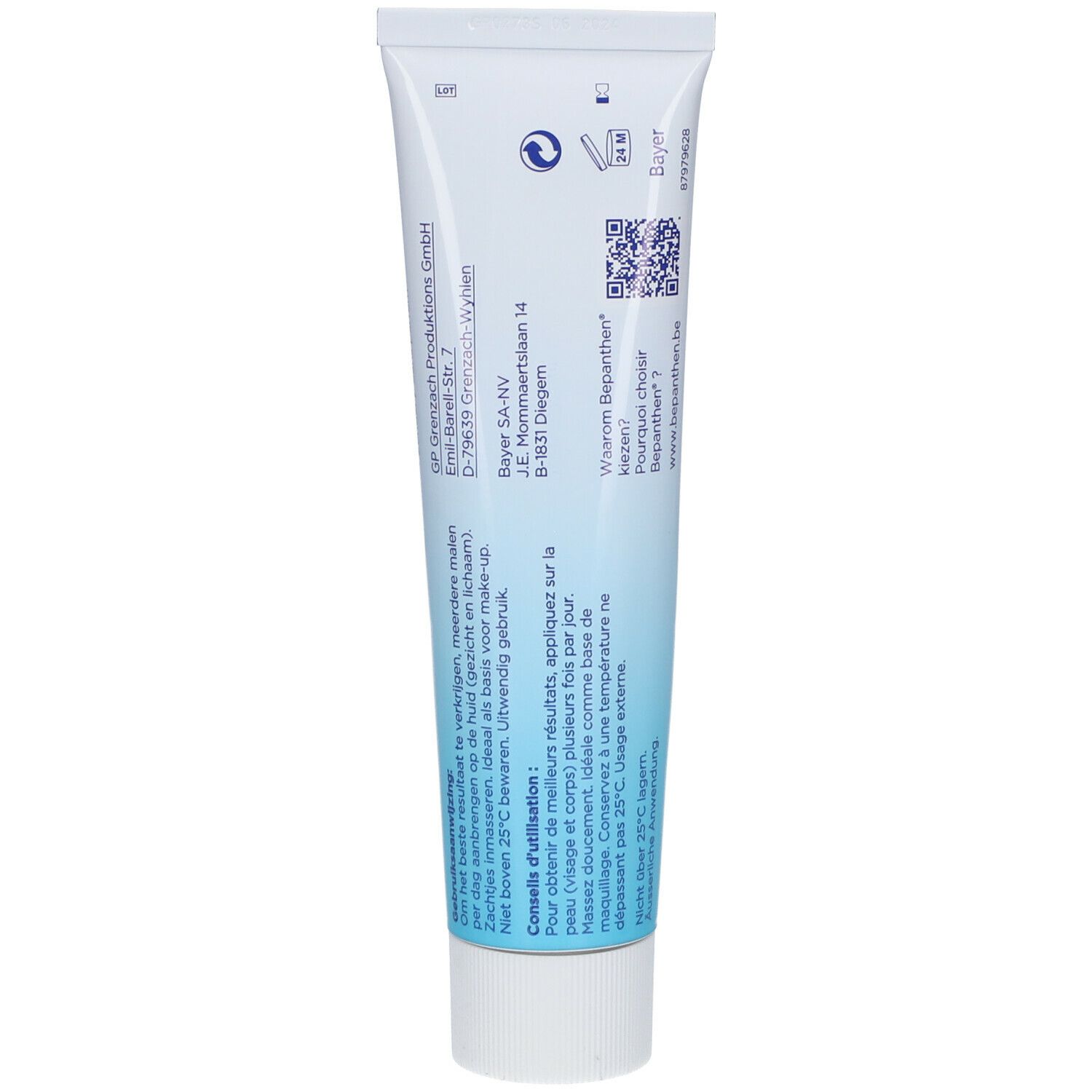 Rückseite der Tube Bepanthen Derma. Enthält Informationen wie Herstelleradresse und QR-Code.