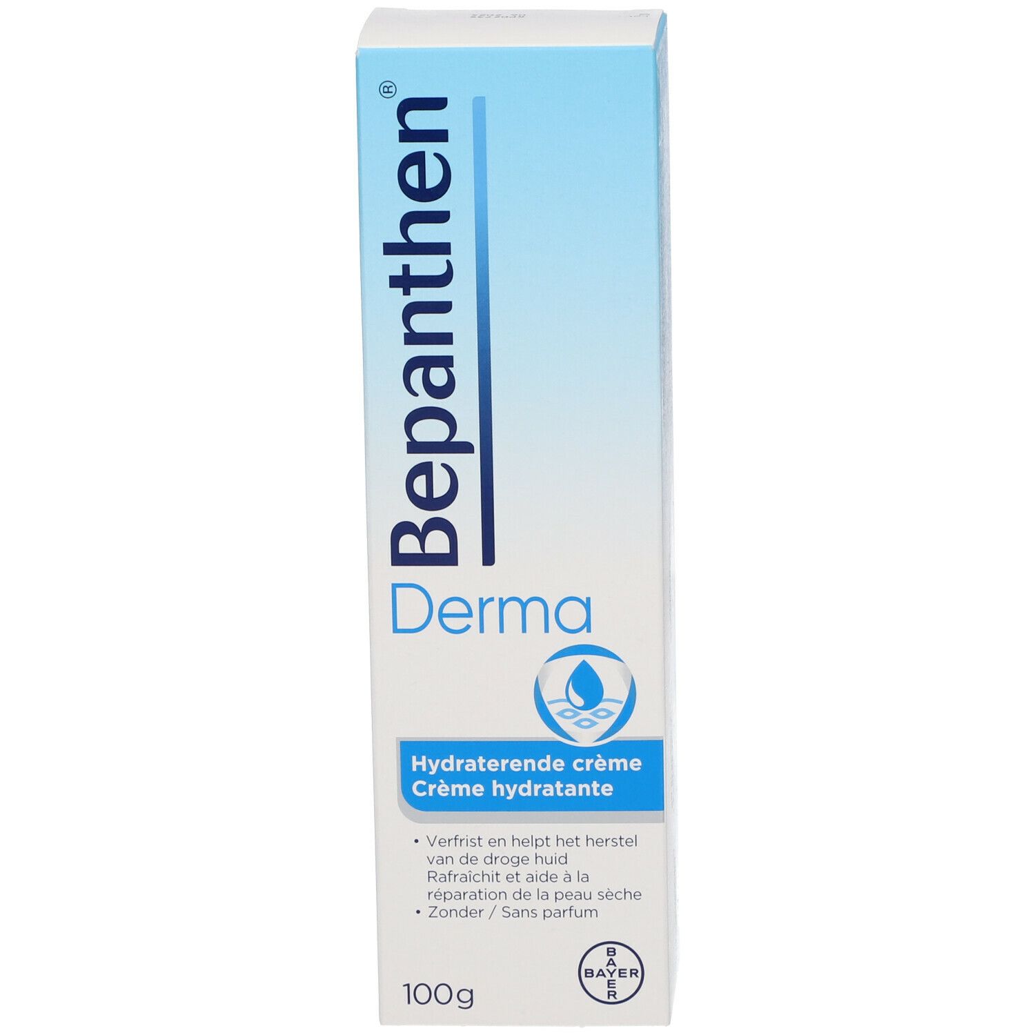 Schachtel Bepanthen Derma Feuchtigkeitscreme. Blaue und weiße Farbgebung. Aufschrift: Hydraterende crème.