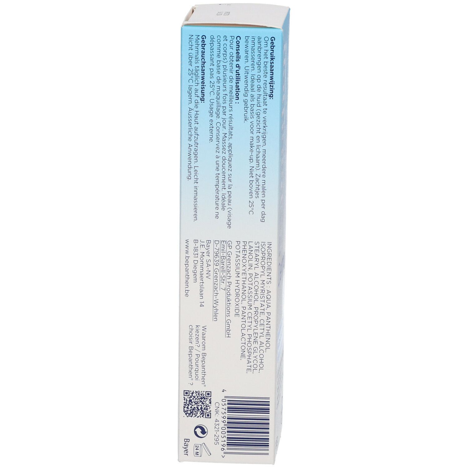 Seite der Schachtel Bepanthen Derma. Enthält Informationen wie Inhaltsstoffe und Anwendungshinweise.