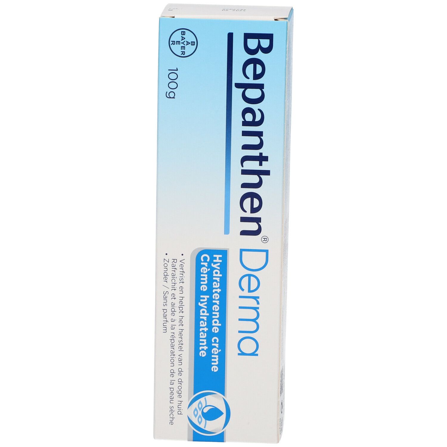 Schachtel Bepanthen Derma Feuchtigkeitscreme. Blaue und weiße Farbgebung. Aufschrift: Hydraterende crème.