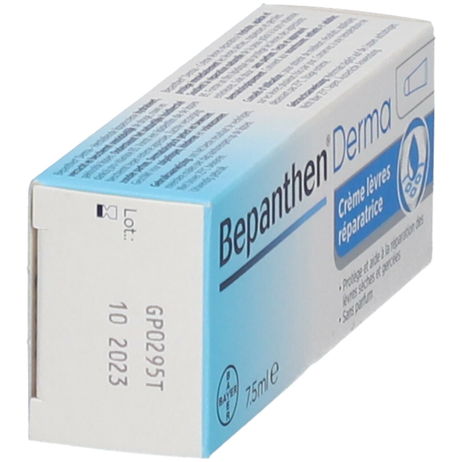 Schachtel Bepanthen Derma Lippencreme. Blaue und weiße Verpackung. Aufdruck mit Chargennummer und Verfallsdatum.