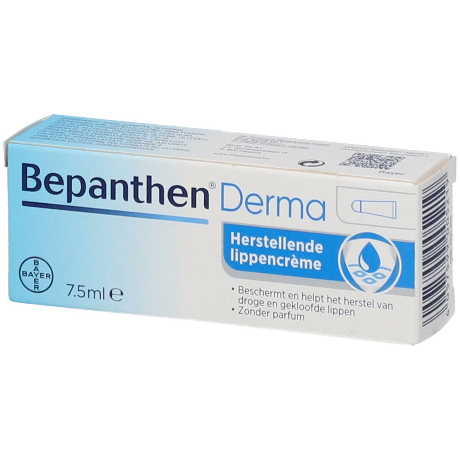 Bepanthen Derma Lippencreme-Verpackung. Blaue und weiße Schachtel mit Produktnamen, Logo und Text. 7,5 ml.