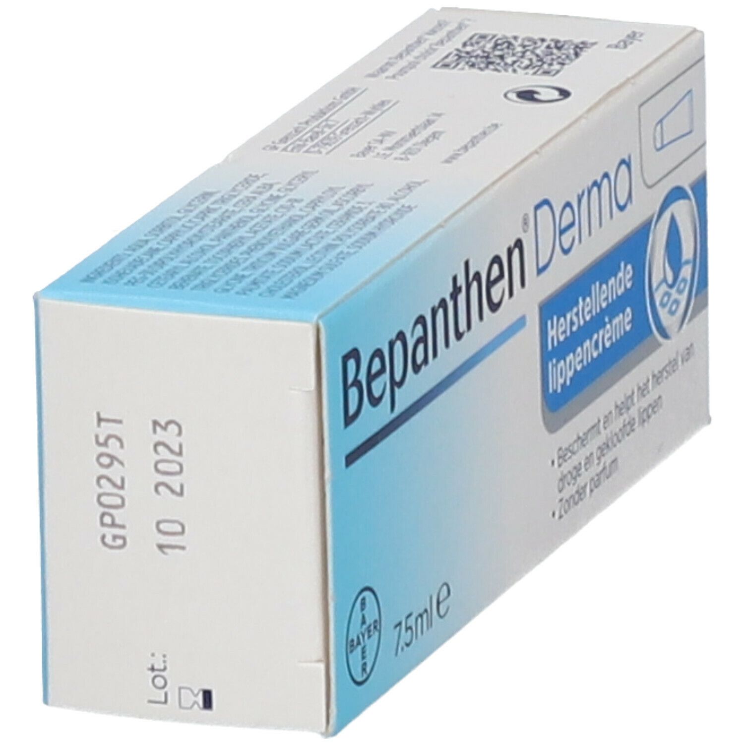 Schachtel Bepanthen Derma Lippencreme. Blaue und weiße Verpackung. Aufdruck mit Chargennummer und Verfallsdatum.