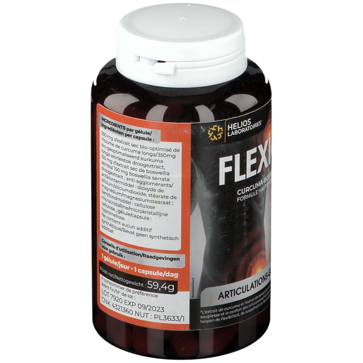 Flacon marron avec bouchon blanc. Inscription FlexiGo Duo. Contient Curcuma-Boswellia. Liste des ingrédients et conseils.