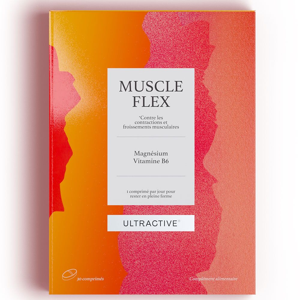 Verpakking van Ultractive Muscle Flex. Bevat magnesium en vitamine B6. Oranje-rood design met productnaam en merk.