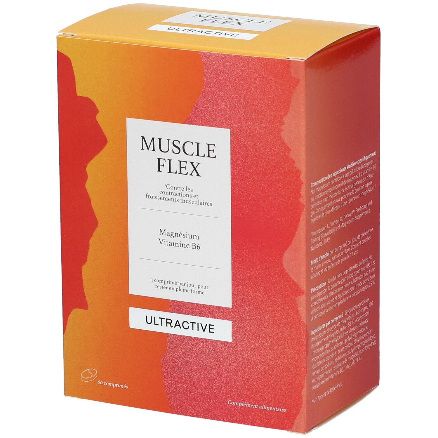 Verpakking van Ultractive Muscle Flex. Opschrift: Muscle Flex, Magnesium, Vitamine B6. Oranje-rode kleurovergang.