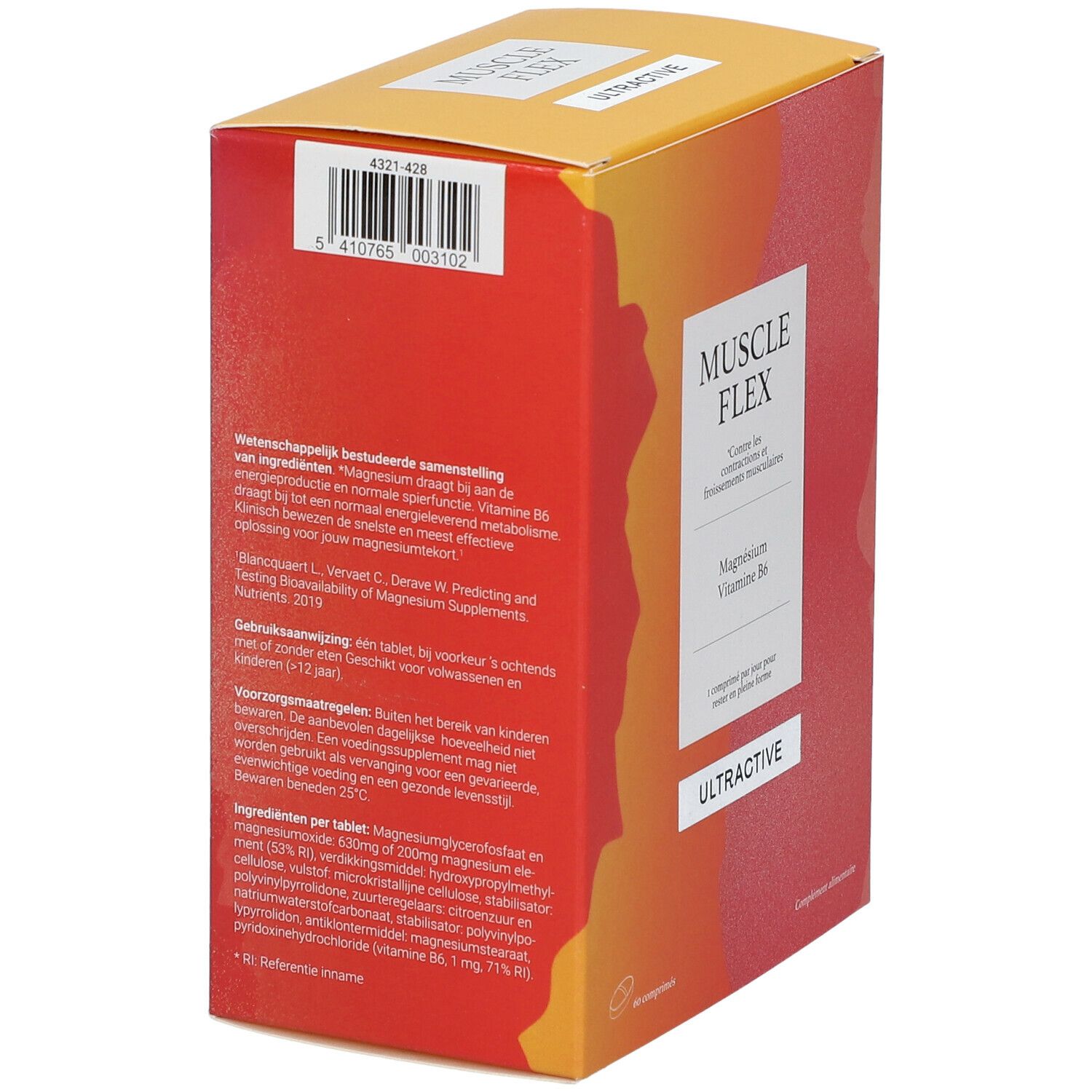 Achterkant van de verpakking van Ultractive Muscle Flex. Tekst in het Duits. Barcode en productinformatie.