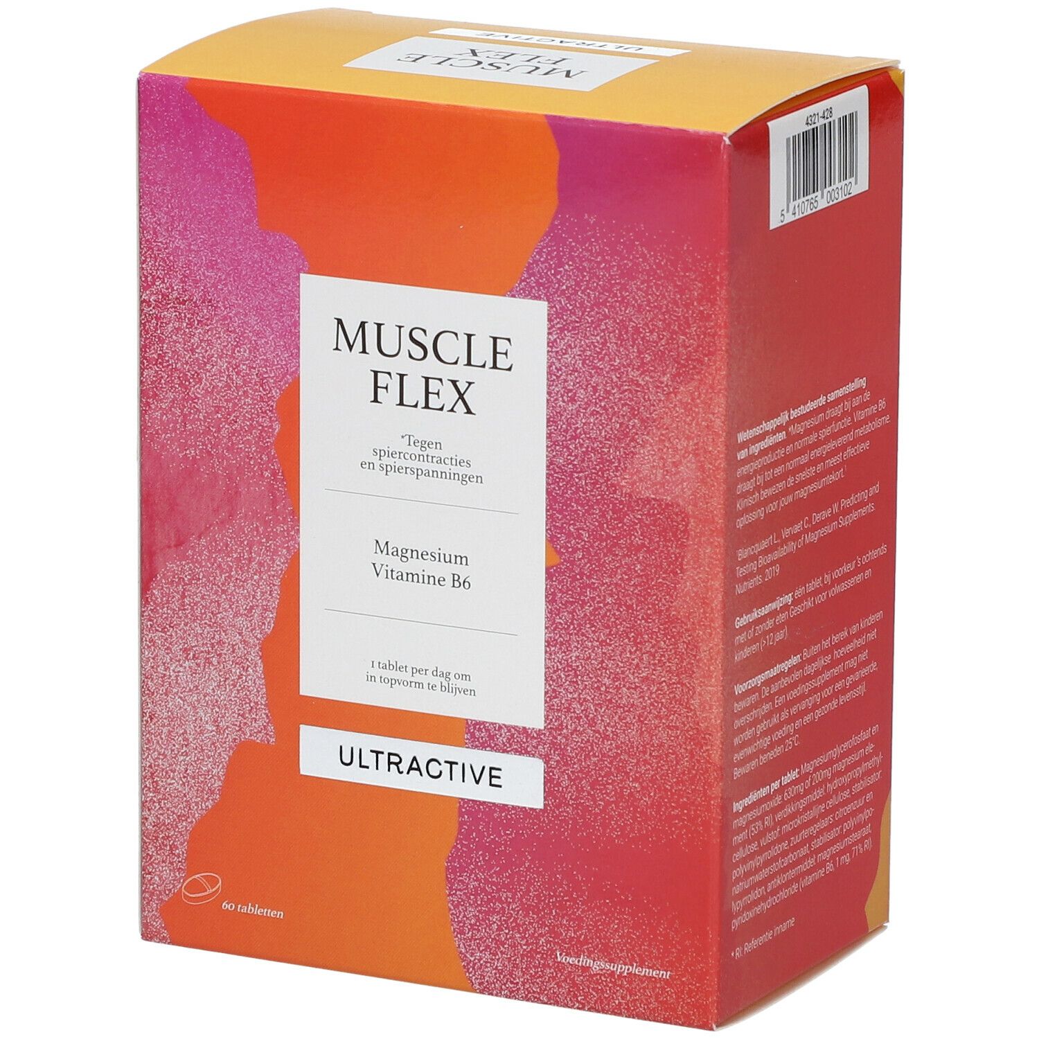 Verpakking van Ultractive Muscle Flex. Opschrift: Muscle Flex, Magnesium, Vitamine B6. Roze naar oranje kleurovergang.