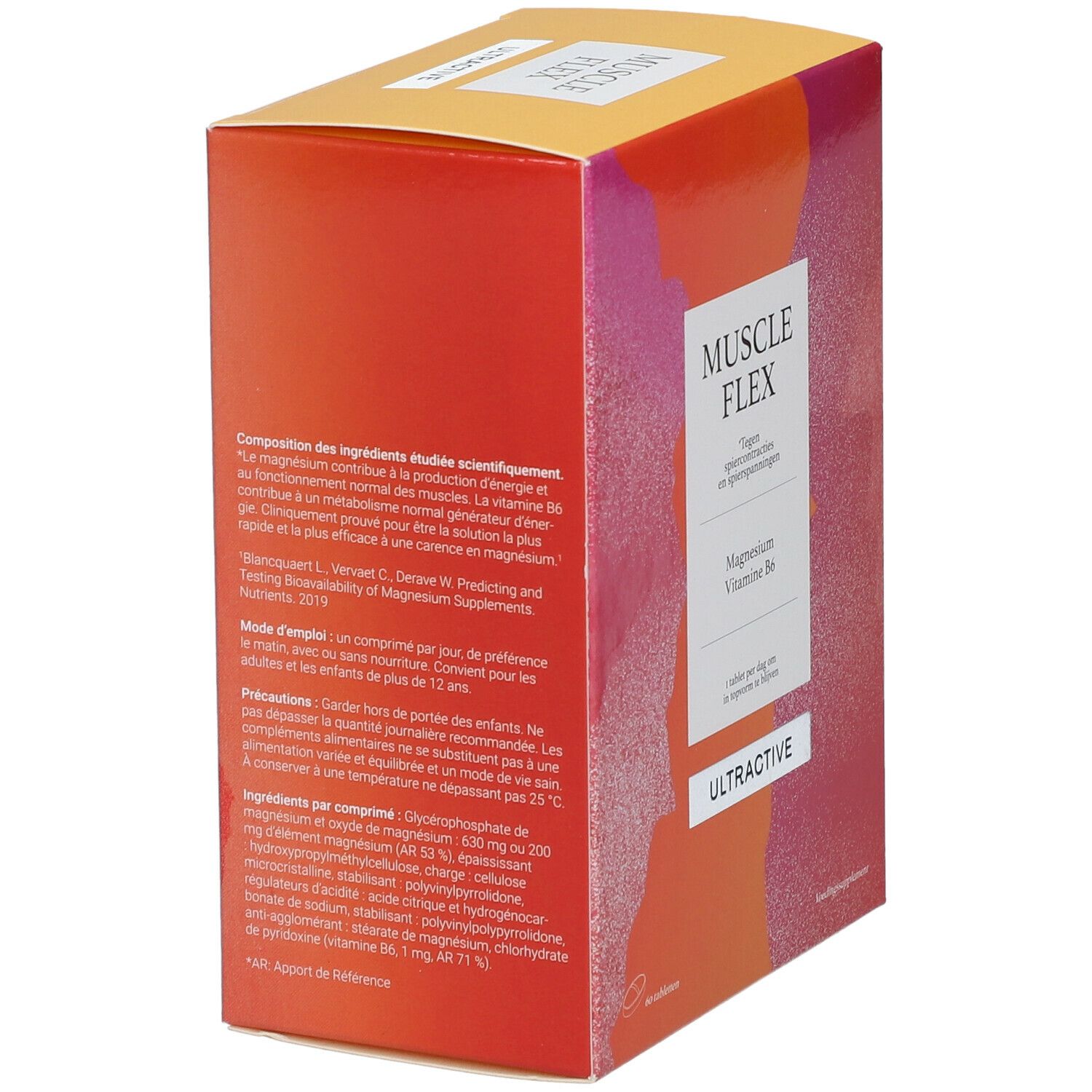 Achterkant van de verpakking van Ultractive Muscle Flex. Tekst in het Frans. Productinformatie en ingrediënten.