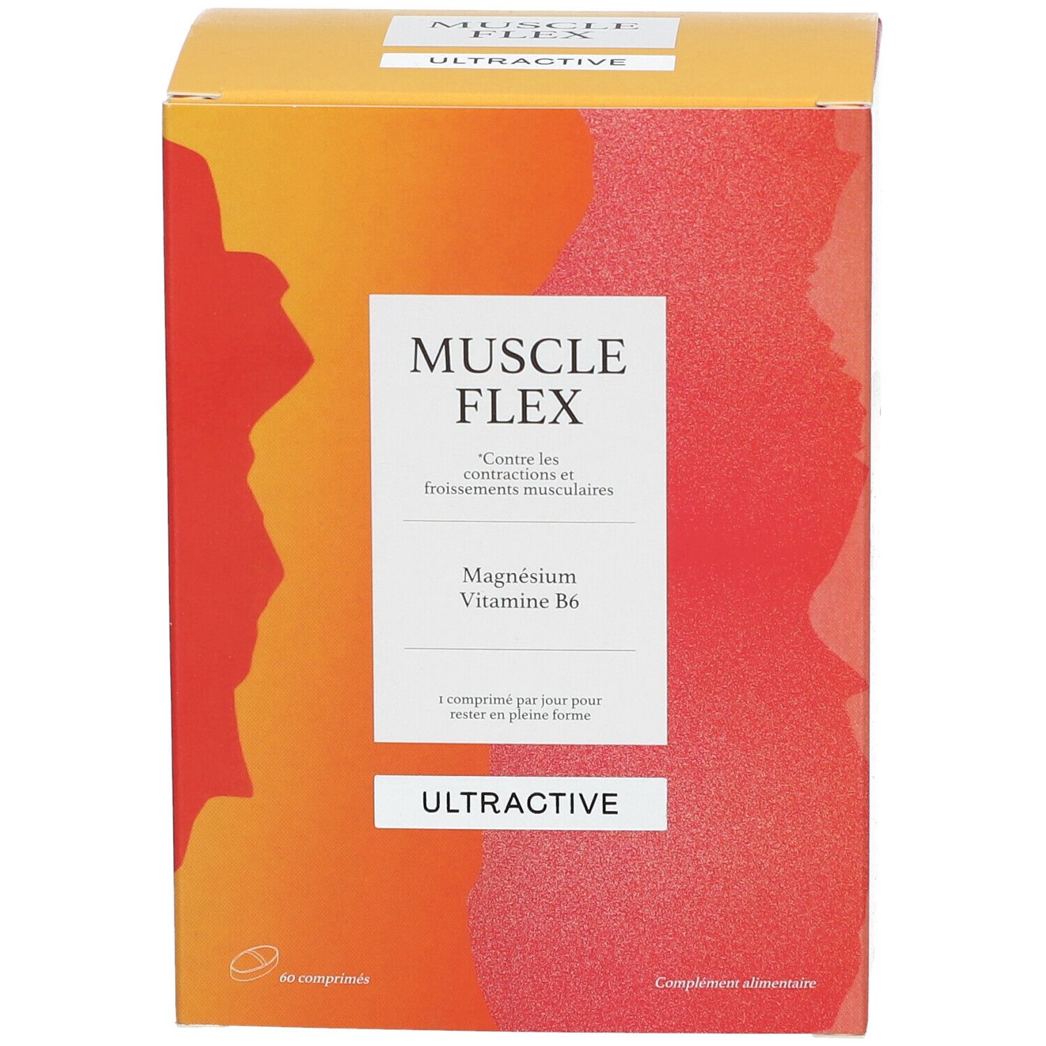 Ultractive Muscle Flex verpakking. Opschrift: Muscle Flex, Magnesium, Vitamine B6. Oranje-rode kleurovergang. 60 tabletten.
