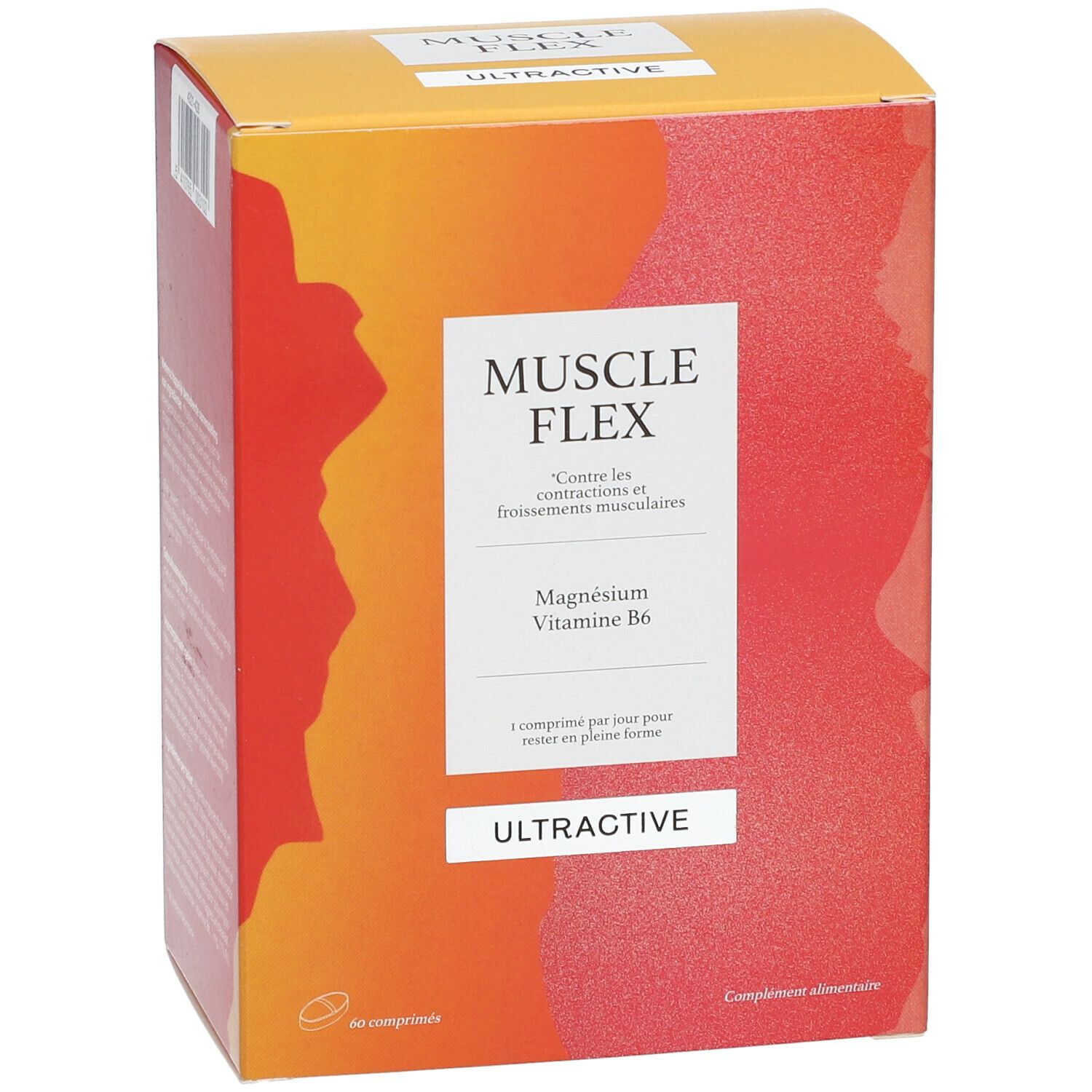Ultractive Muscle Flex verpakking. Opschrift: Muscle Flex, Magnesium, Vitamine B6. Oranje-rode kleurovergang. 60 tabletten.