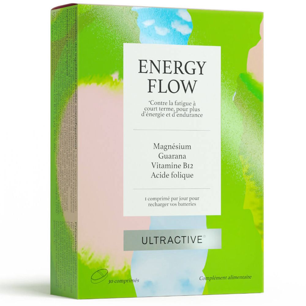 Boîte de Ultractive Energy Flow. Contient magnésium, guarana, vitamine B12 et acide folique. 30 comprimés. Design vert, blanc et bleu.