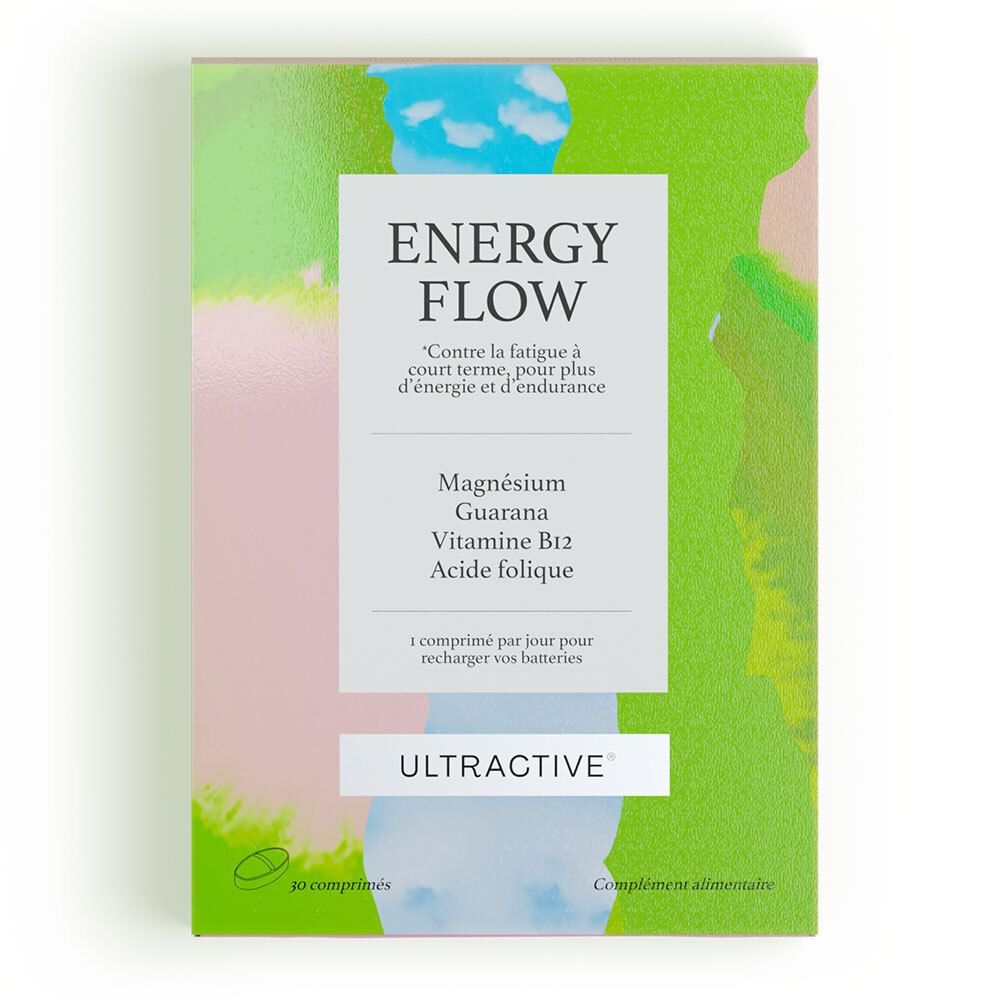 Boîte de Ultractive Energy Flow. Contient magnésium, guarana, vitamine B12 et acide folique. 30 comprimés. Design vert, rose et bleu.
