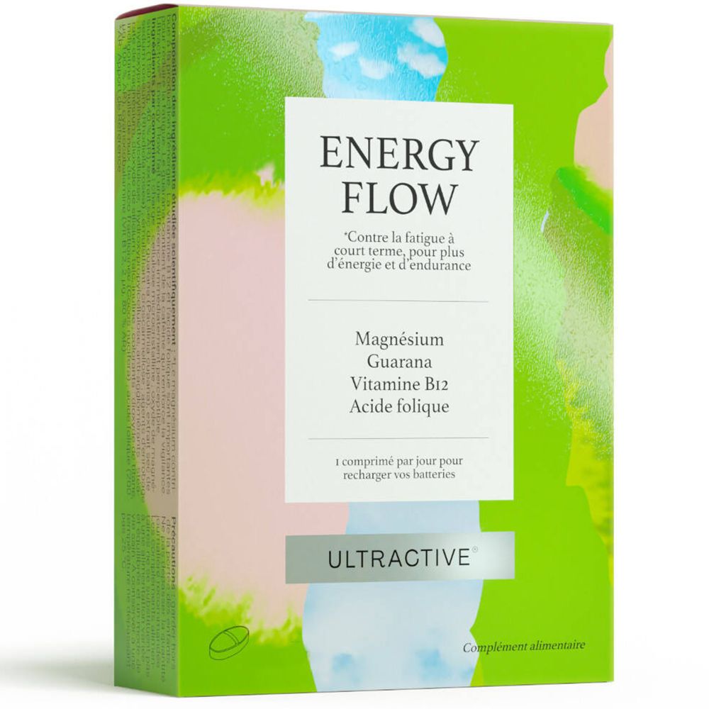 Verpakking met "Energy Flow". Bevat magnesium, guarana, vitamine B12, foliumzuur. Merk: Ultractive. Groen-wit design.