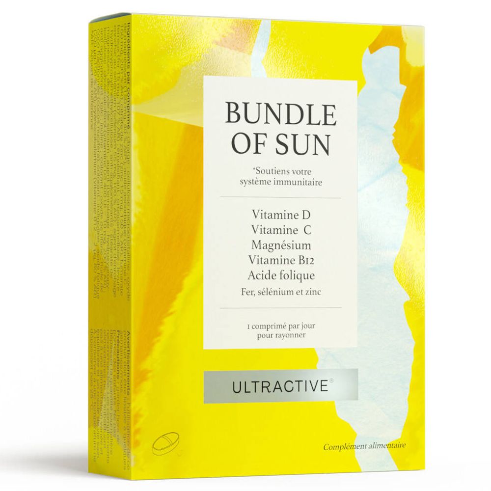 Gele doos met "BUNDLE OF SUN" en "ULTRACTIVE". Bevat Vitamine D, C, Magnesium, B12, Foliumzuur, IJzer, Selenium en Zink.