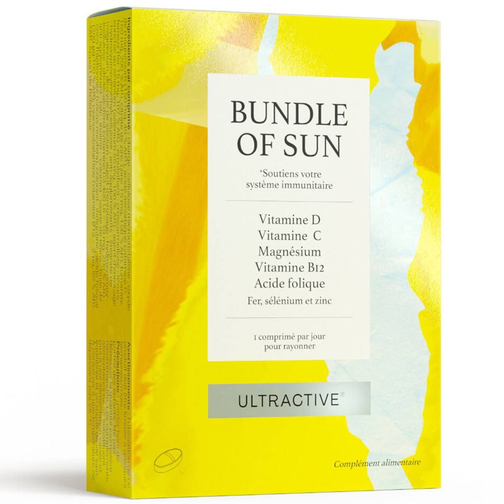 Gele verpakking met "BUNDLE OF SUN" en "ULTRACTIVE". Bevat Vitamine D, C, Magnesium, B12, Foliumzuur, IJzer, Selenium en Zink.