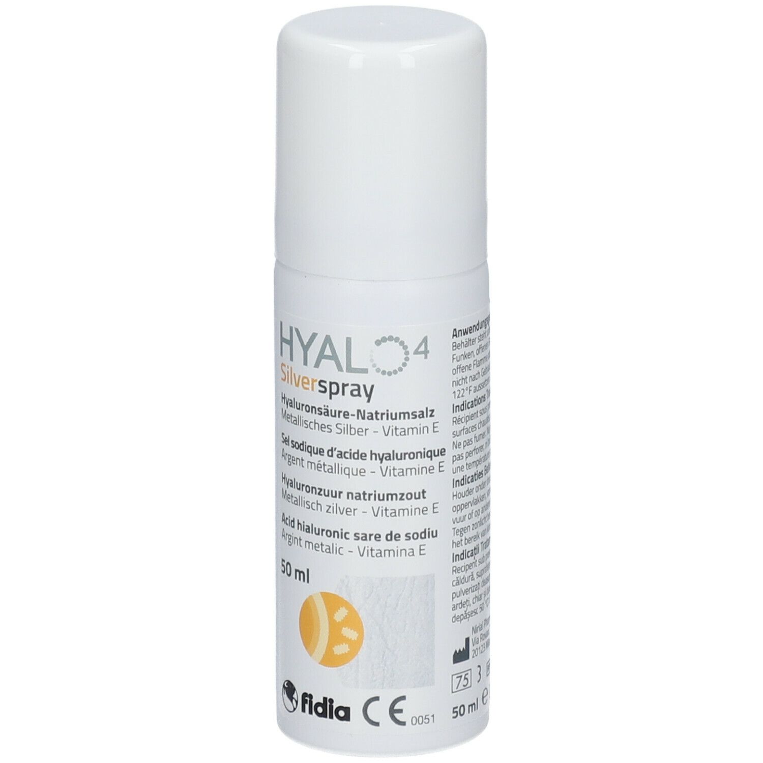 Witte spuitfles met dop. Opschrift: HYALO4 Silverspray, ingrediënten, 50 ml.