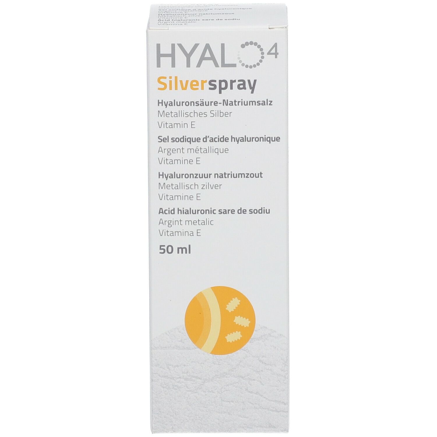 Doos met opschrift: HYALO4 Silverspray, ingrediënten, 50 ml. Productafbeelding en logo.