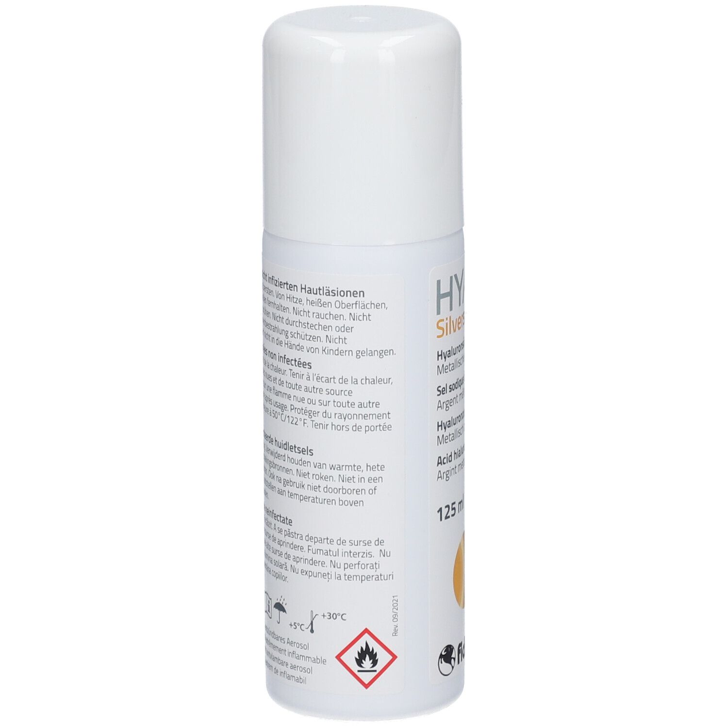Dos du flacon spray blanc. Texte multilingue. Avertissements et symboles. Marque CE.